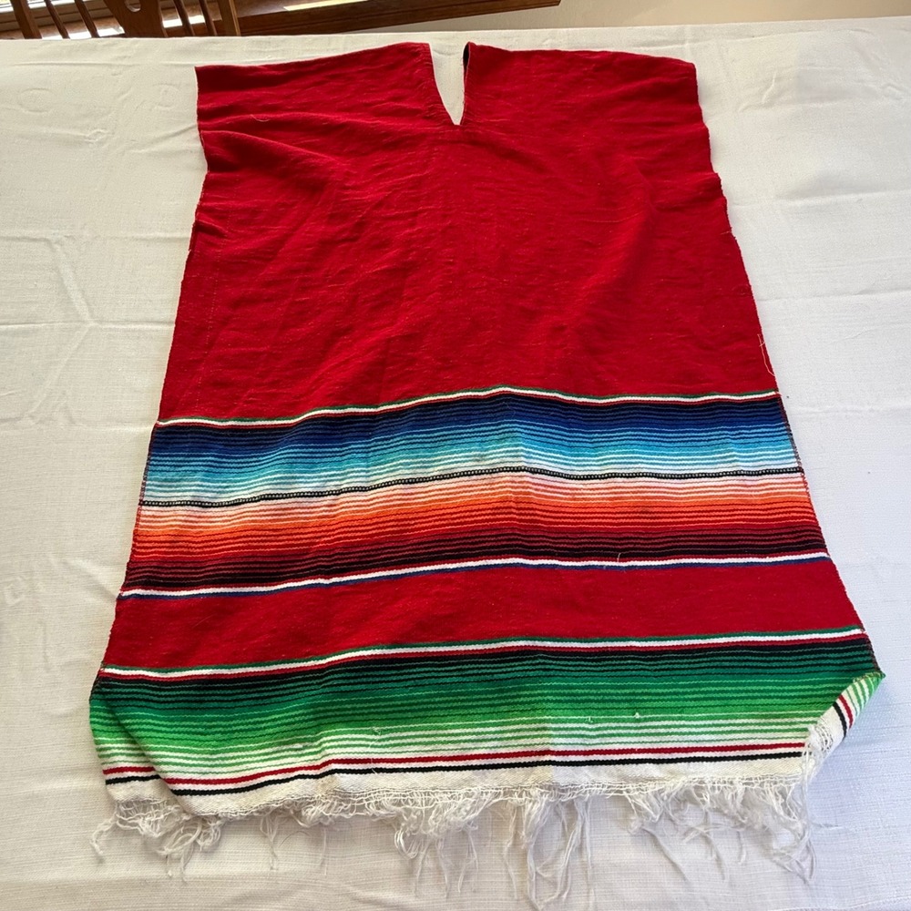 Vintage Mexican Serape Poncho Red‎ Multicolor Stripe Fringe Boho Festival